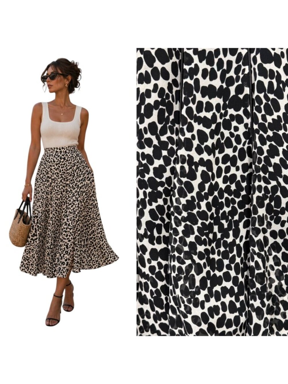 Vtg 90s Y2K Manyus 100% Silk Midi Skirt Dalmation Print Flowy Parisian Chic Sz M